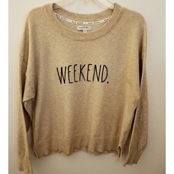 Rae Dunn Tan Relaxed Fit Rayon Blend WEEKEND Dropped Sleeve Sweater Size XL GUC - Picture 1 of 8